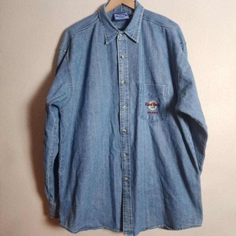 Vintage Hard Rock Cafe Denim Shirt Mens XL Long Sleeve Orlando Embroidered 90s